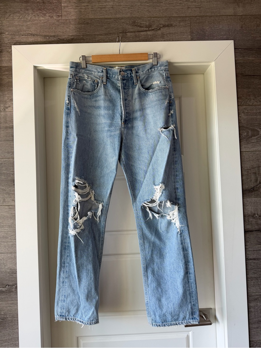 AGOLDE Light Wash Distressed Ripped Straight-Leg Jeans